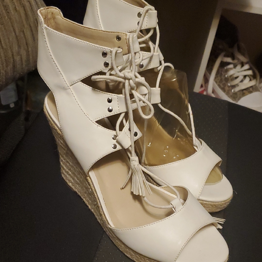 Guess White Lace-Up Wedge Sandals